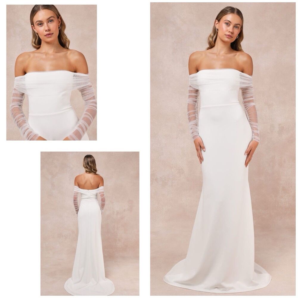 Lulus Beautifully Beloved Dress White Off the Shoulder Wedding Size M NWT